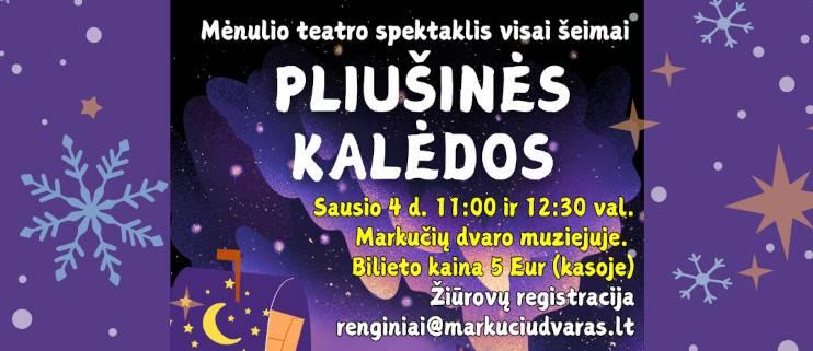 Spalvingas plakatas vaikų spektakliui. Fonas violetinis, su snaigėmis ir žvaigždėmis. Renginio informacija.